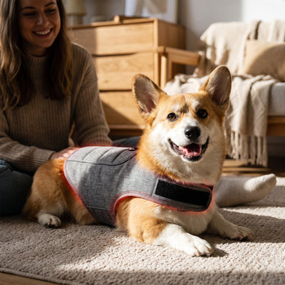 Corgi wearing the vest on a rug next to its owner