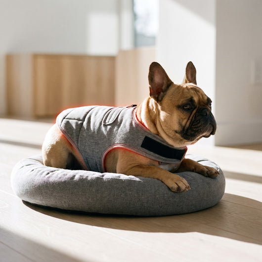 French Bulldog resting on a dog bed wearing the vest