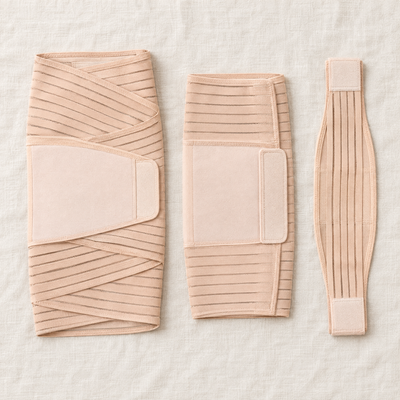 Flat lay of the three beige postpartum belts laid side by side on cream linen with their hook-and-loop tabs visible.