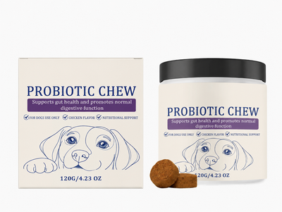 Probiotic chew for dogs - box and jar with two soft chews