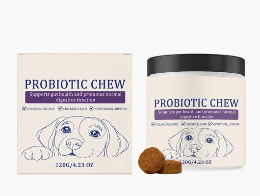 Probiotic chew for dogs - box and jar with two soft chews