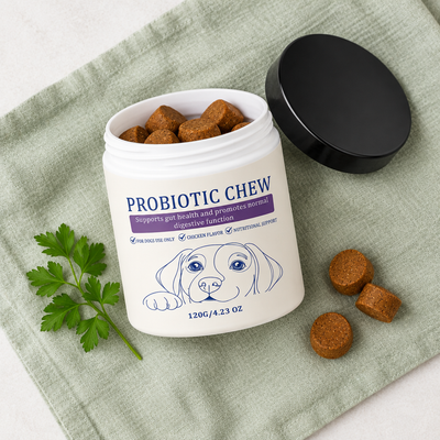 Open probiotic chew jar flat lay with chews and parsley