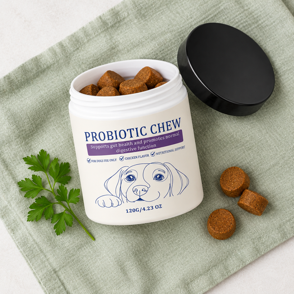Open probiotic chew jar flat lay with chews and parsley