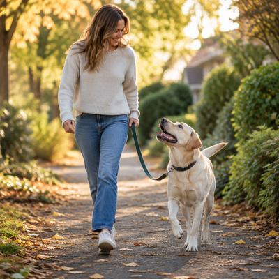 Owner walking a happy Labrador in golden-hour light