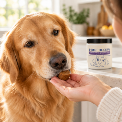 Golden retriever taking a probiotic chew from an open hand
