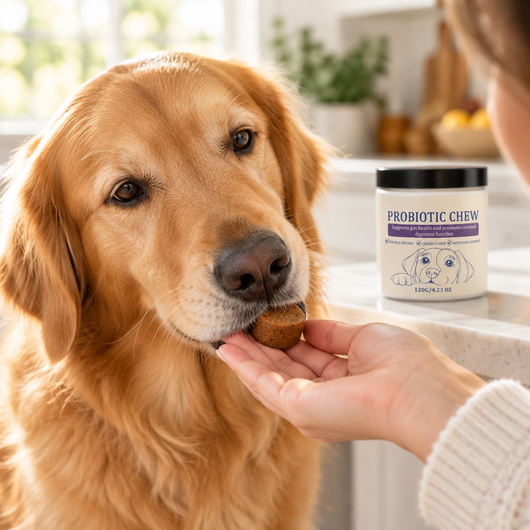 Golden retriever taking a probiotic chew from an open hand