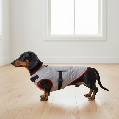 Side view of a dachshund wearing the IVDD Red Light Vest from shoulders to hips