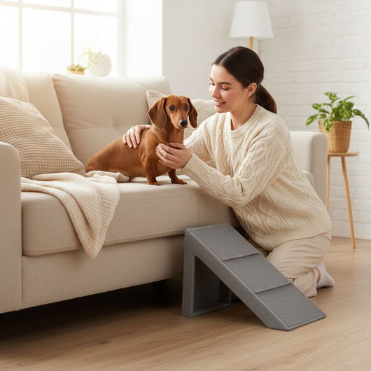 Owner helping her dachshund on the sofa next to a pet ramp