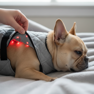Red LEDs resting against a French Bulldog's back under the vest