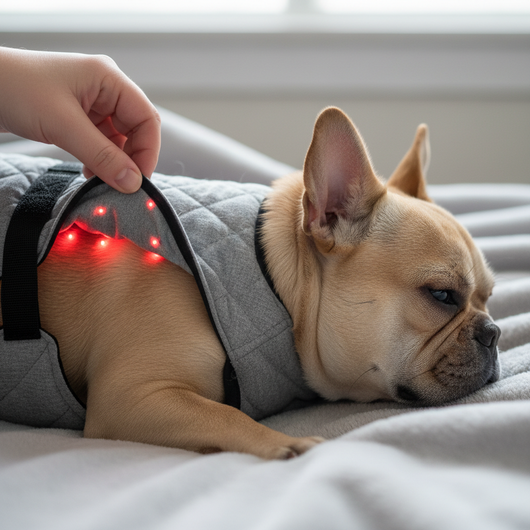 Red LEDs resting against a French Bulldog's back under the vest